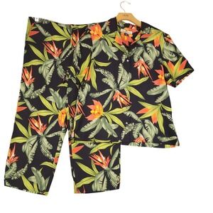 Tommy Bahama Silk Tropical Floral Button Up Shirt &‎ Pants Set Women L
